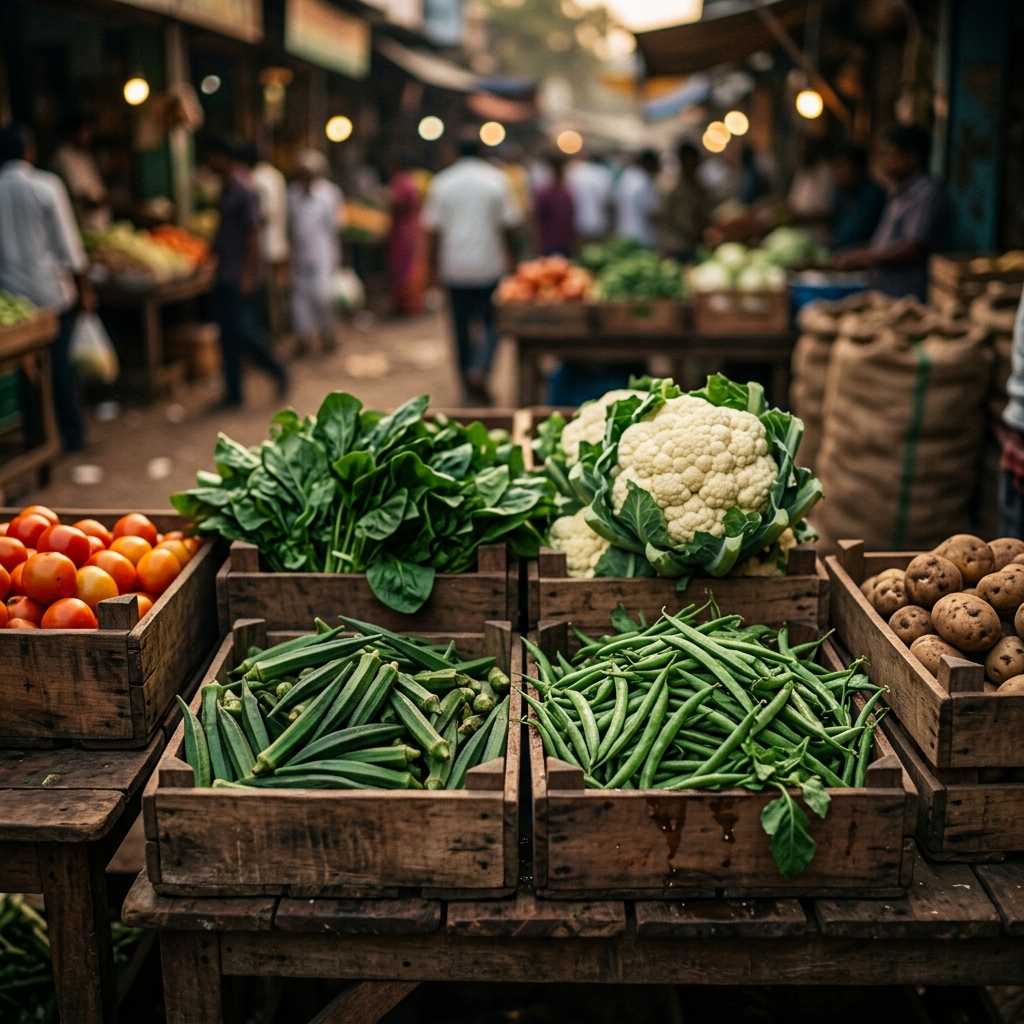 Fresh vegetables in wholesale crates